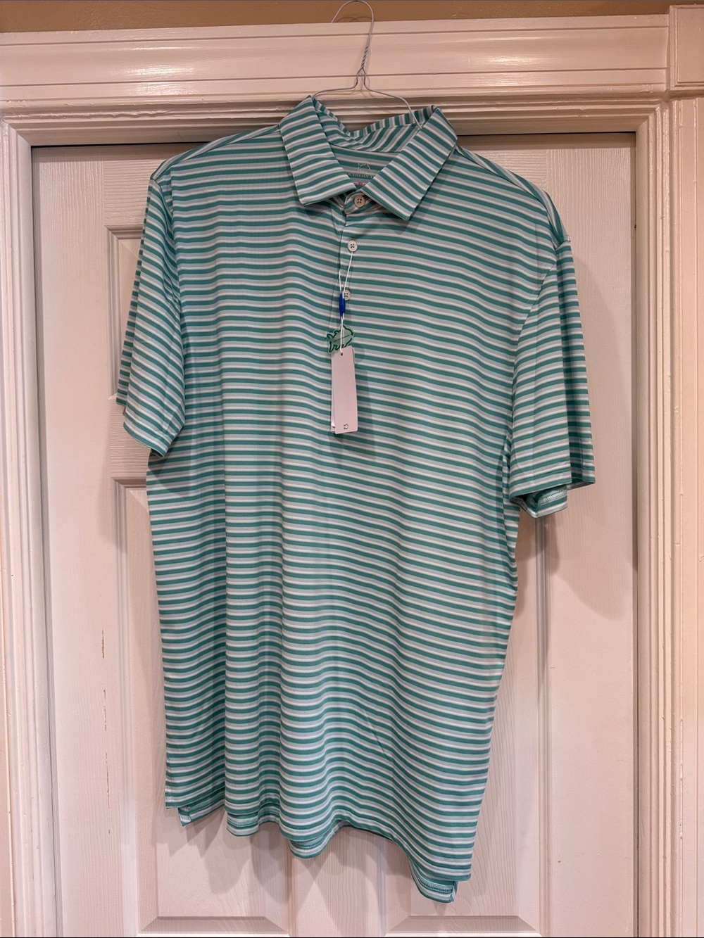 Southern Tide Aqua and White Striped Polo Shirt